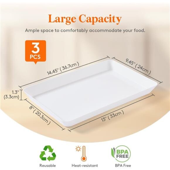 Reusable Serving Trays Set of 3 White Plastic Party Buffet Food Snack Platters - Picture 3 of 8